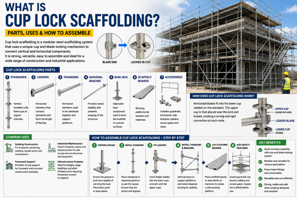 Cup lock scaffolding infographic showing its main parts, cup-and-blade locking mechanism, common construction uses, step-by-step assembly process, benefits, and safety features.