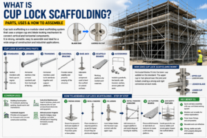 Cup lock scaffolding infographic showing its main parts, cup-and-blade locking mechanism, common construction uses, step-by-step assembly process, benefits, and safety features.