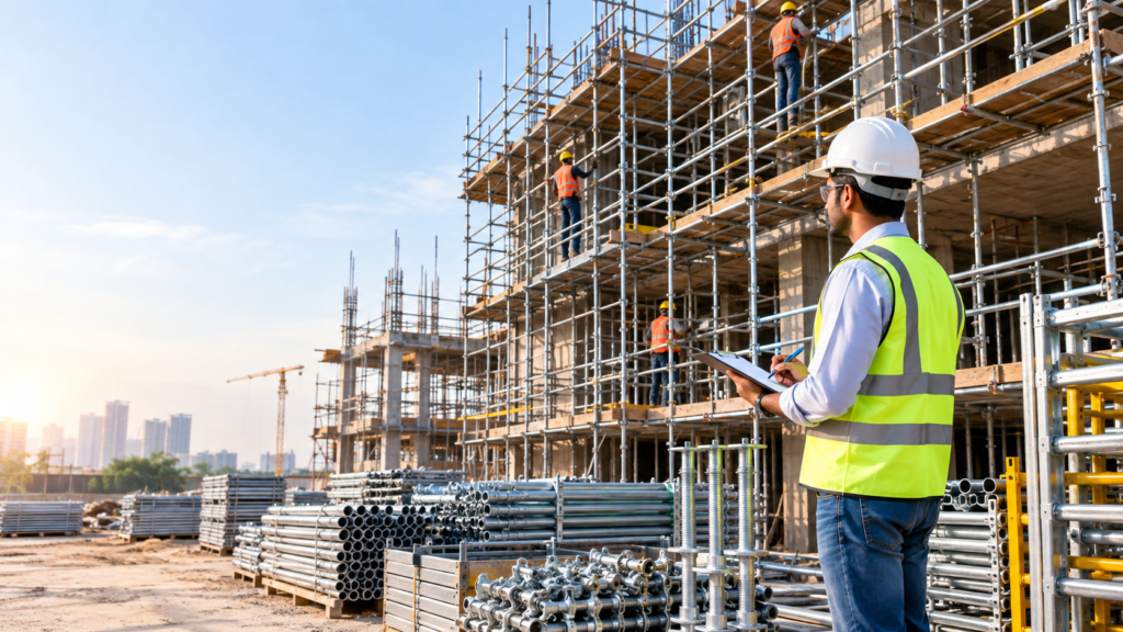 Best scaffolding manufacturers in India with engineer inspecting steel scaffolding at construction site