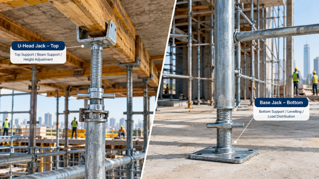 Side-by-side comparison of a galvanized steel U-Head Jack and Base Jack on a modern Indian construction site. The U-Head Jack is installed at the top of a scaffolding support, holding a formwork beam for slab construction, while the Base Jack is installed at the bottom with a flat base plate for levelling and load distribution. Adjustable threaded stems, engineered scaffolding, concrete formwork, and construction workers in PPE are visible in a realistic commercial building project under daylight conditions.